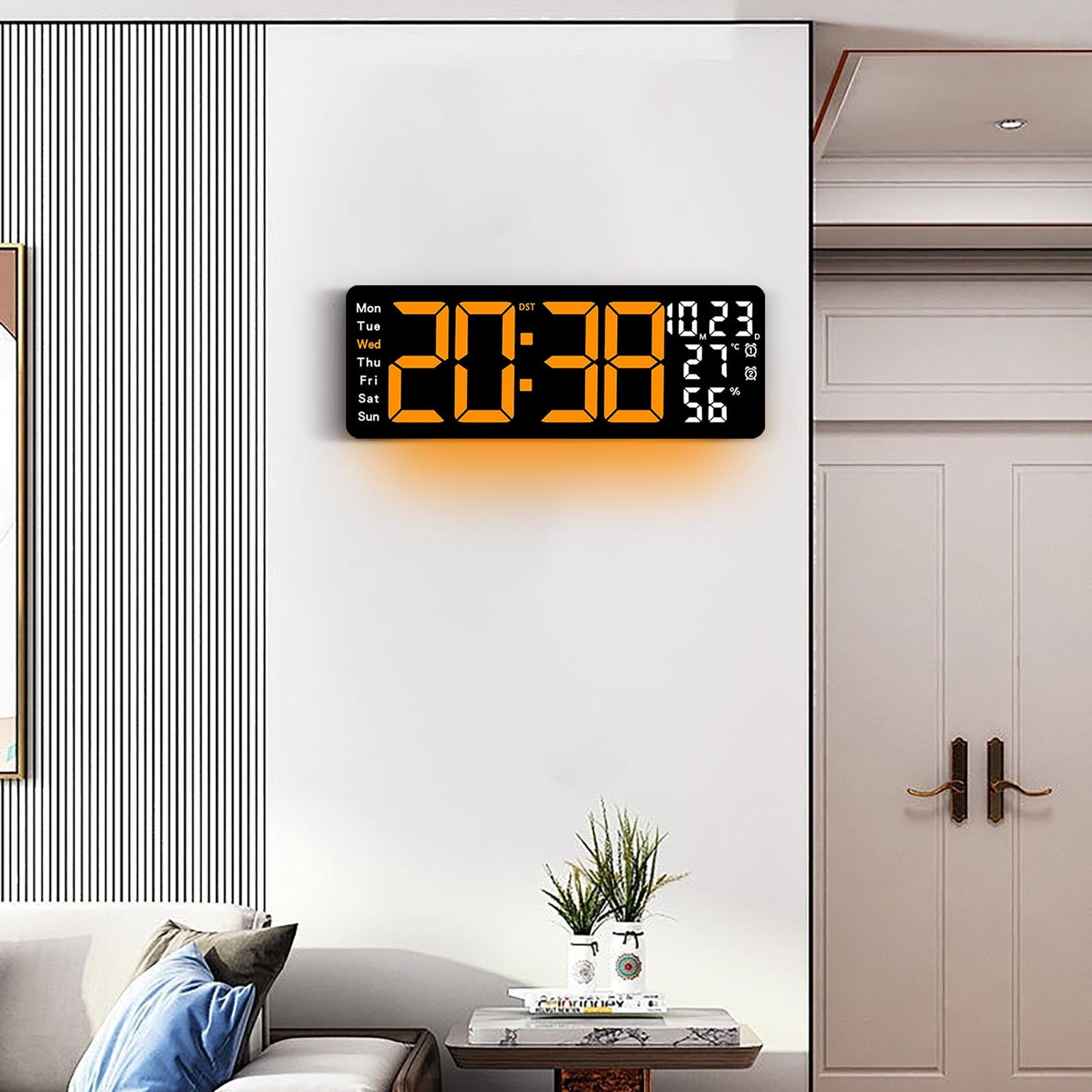 Zzbeans 17.3 Inch Large LED Digital Wall Clock, Multifunctional Electronic Clock with Temperature Humidity Display and Remote Control, Modern Alarm Clock with RGB Night Light for Living Room Bedroom