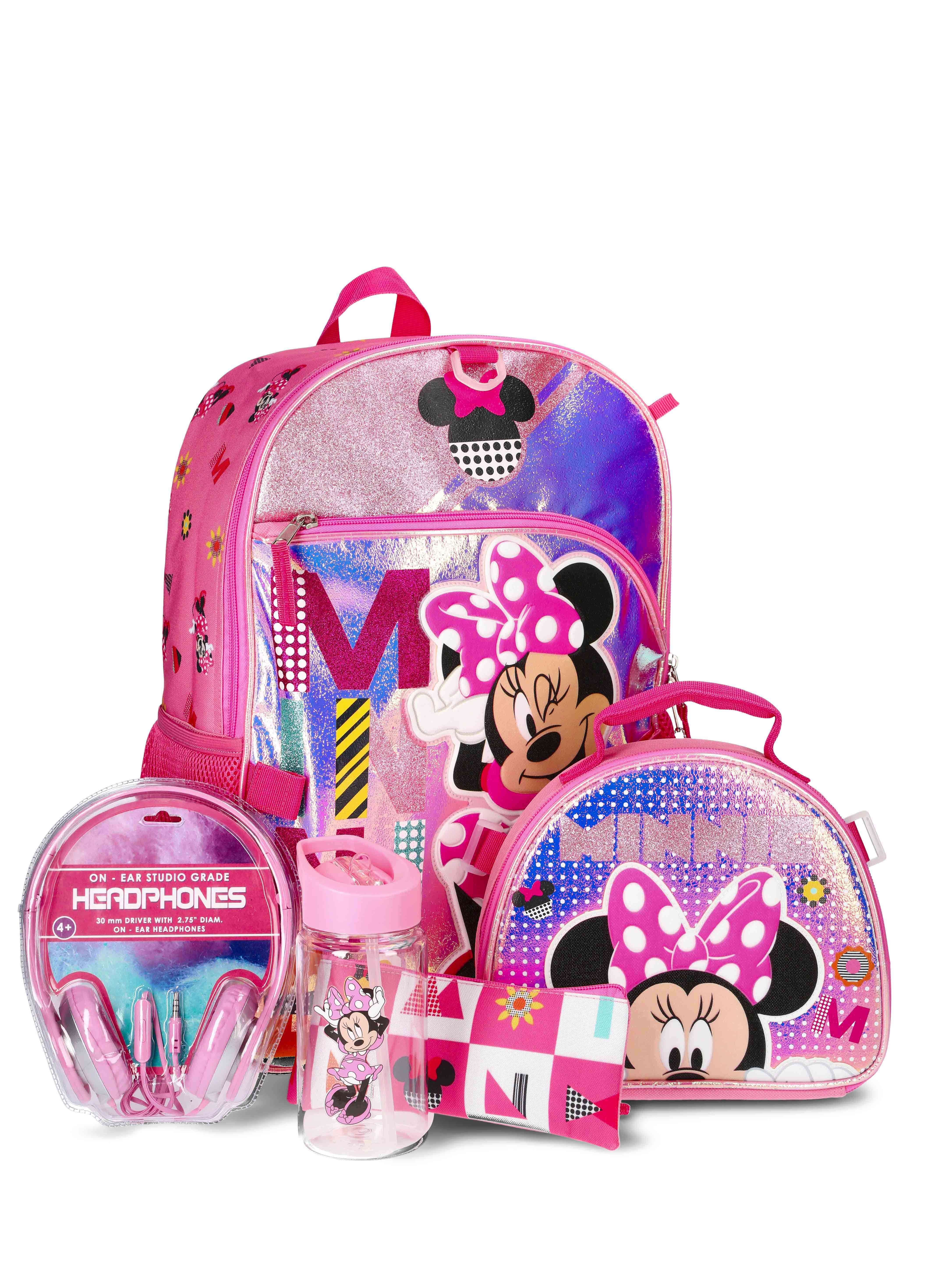 Disney Minnie Mouse Kids Backpack with Headphones, 6-Piece Set, Pink