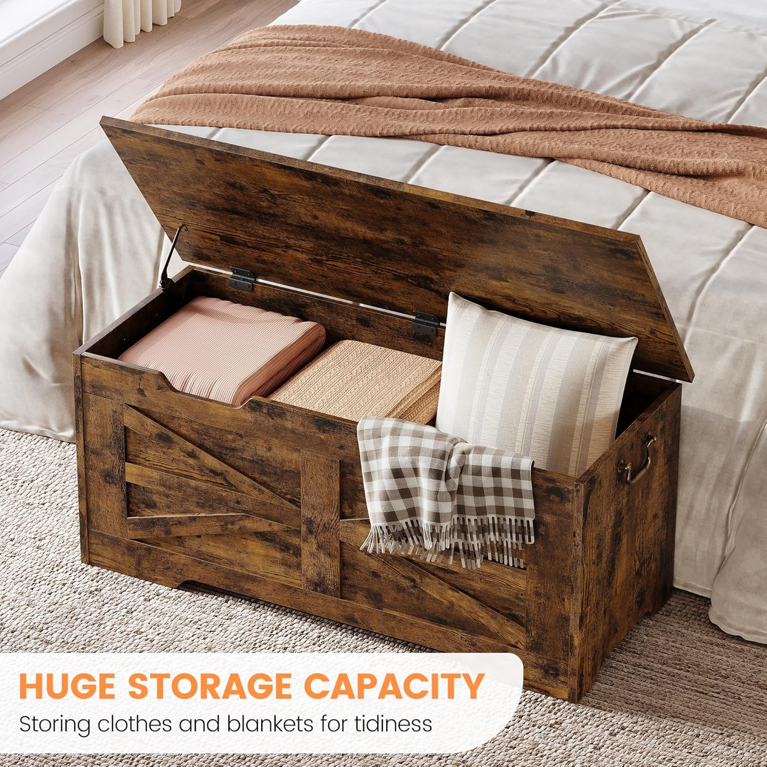 Storage Chest, 39.4" Toy Chest for Boys Girls, Kids Wood Large Toy Box, Storage Bench with Safety Hinge, Farmhouse Storage Trunk for Entryway, Living Room, Bedroom, Playroom, Retro
