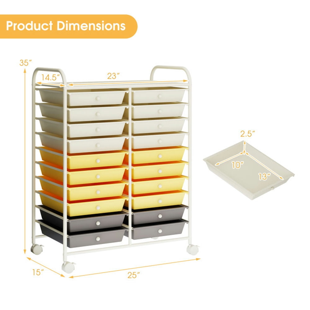 Demi Bonn 20 Drawers Storage Rolling Cart Studio Organizer with 4 Universal Casters, Yellow & Beige & Gray