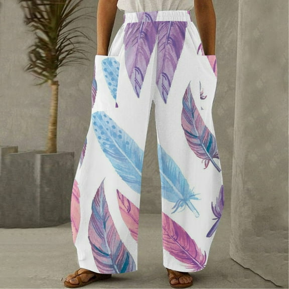 SELONE Linen Pants for Women Plus Size Petite With Pockets Vintage Baggy Wide Leg Elastic Waist Casual Printed Long Pant Straight Leg Elastic Mid-Waist Wide-Legged Loose Pants Purple XL