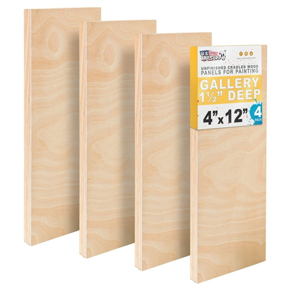 U.S. Art Supply 4" x 12" Unfinished Cradled Wood Panels for Painting, Gallery 1-1/2" Deep (4 Pack) - Artist Depth Wooden Wall Canvases - Mixed-Media Craft, Acrylic, Oil, Encaustic, Paint Pouring