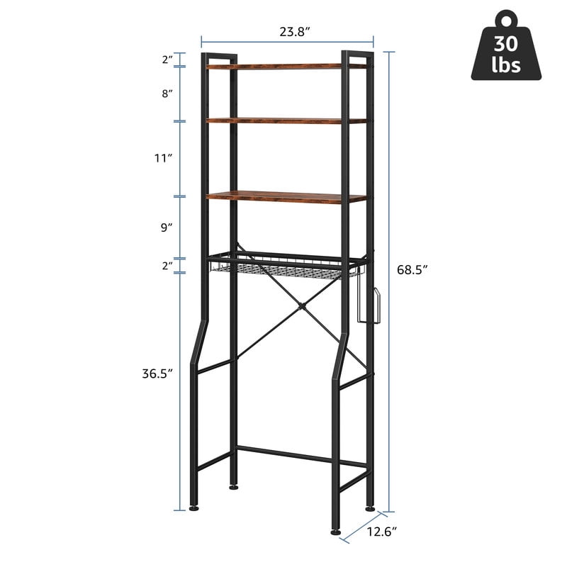 Gianna Over Toilet Bathroom Organizer, 4-Tier Adjustable Storage Rack, Space-Saving Shelf for Tight Areas, Brown