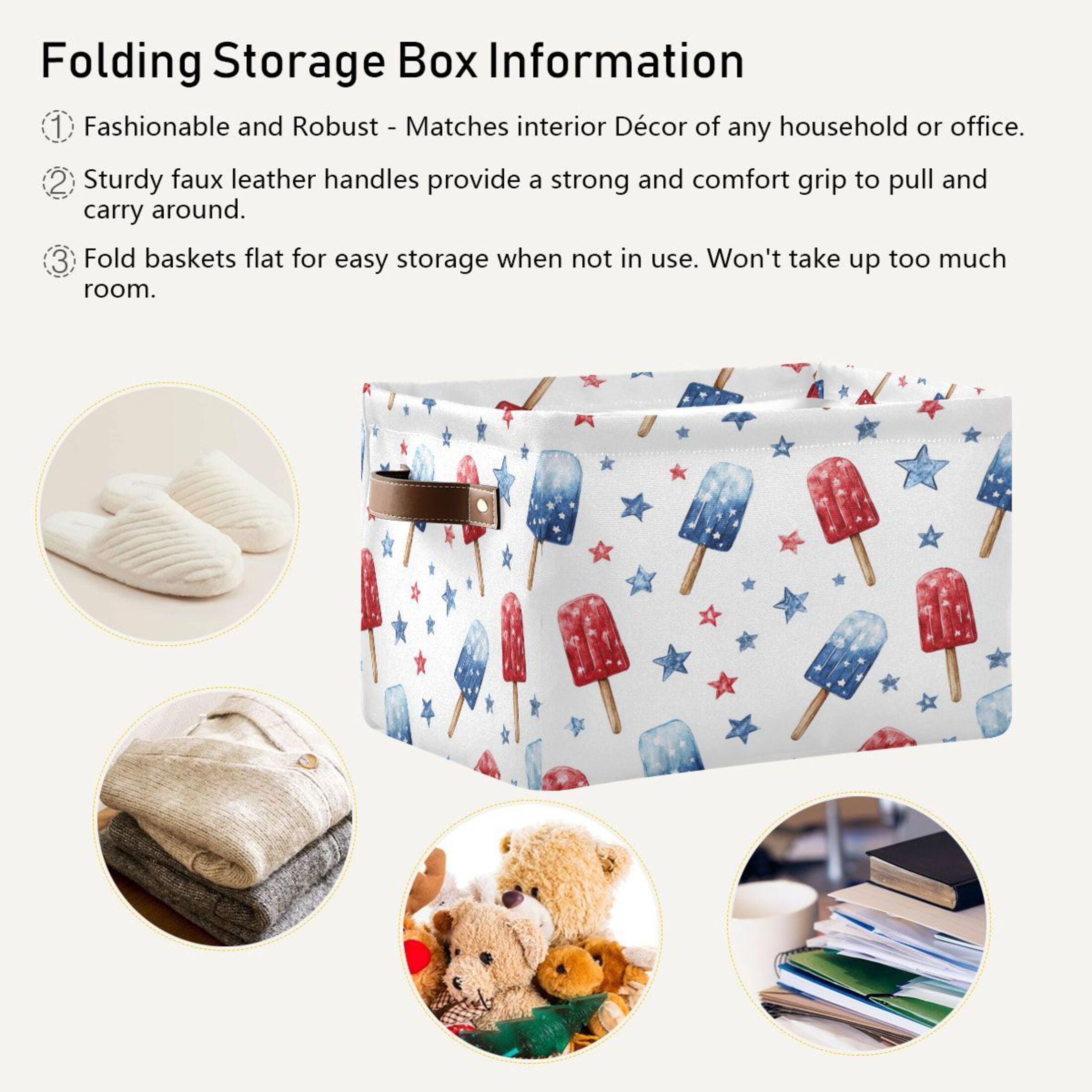 Foldable Storage Basket,Canvas Fabric Foldable Storage Bins with Handles Open Home Storage Bins Boxes for Toy Book Shelf Closet Baskets Red and Blue Popsicle