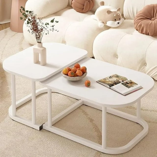 Juego de 2 Mesa de Centro, Decoración Moderna, Acero Inoxidable, Fácil Montaje, Diseño Cuadrado Anidado para Sala (Blanco)