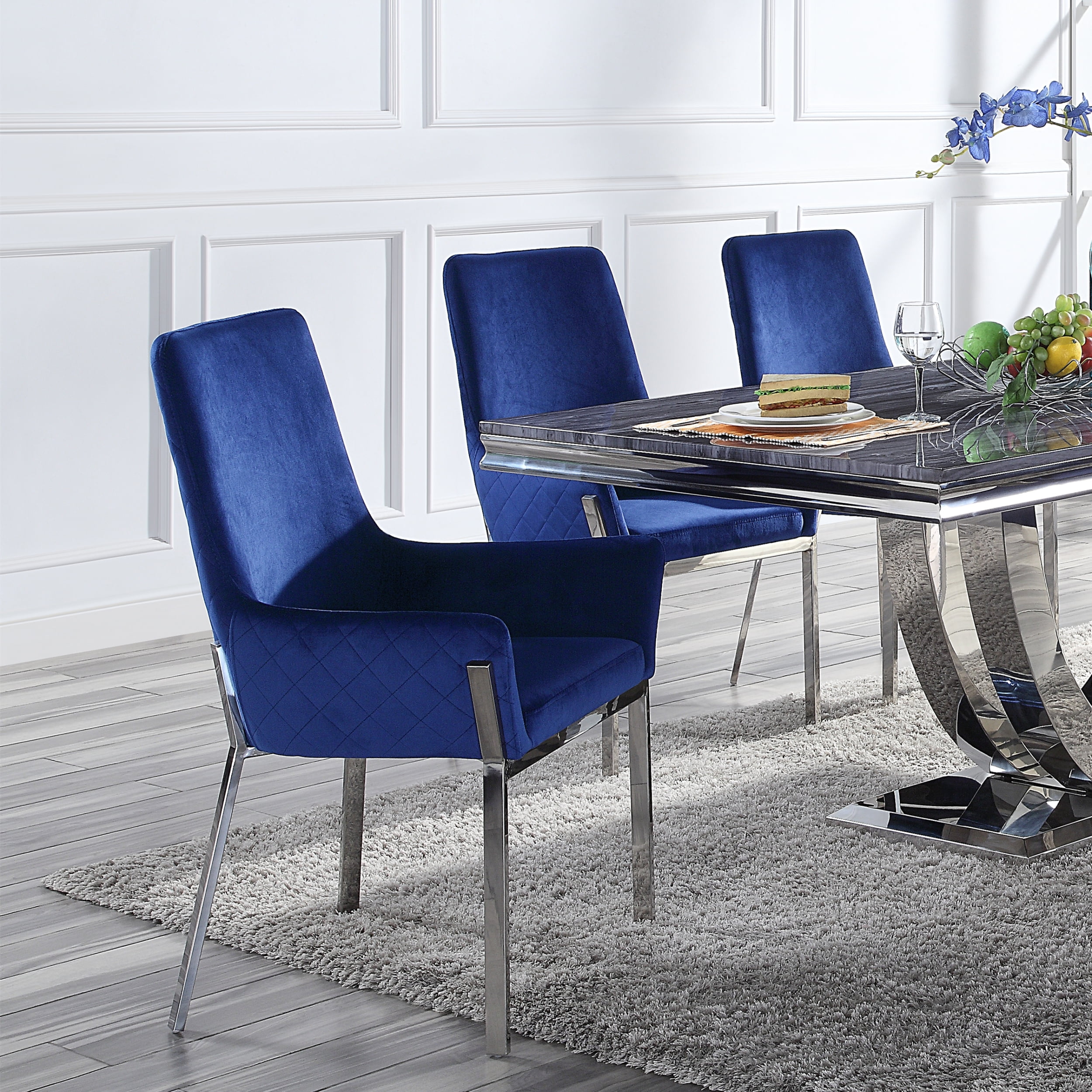 Blue Velvet Upholstered Side Chair with Mirrored Silver Finish