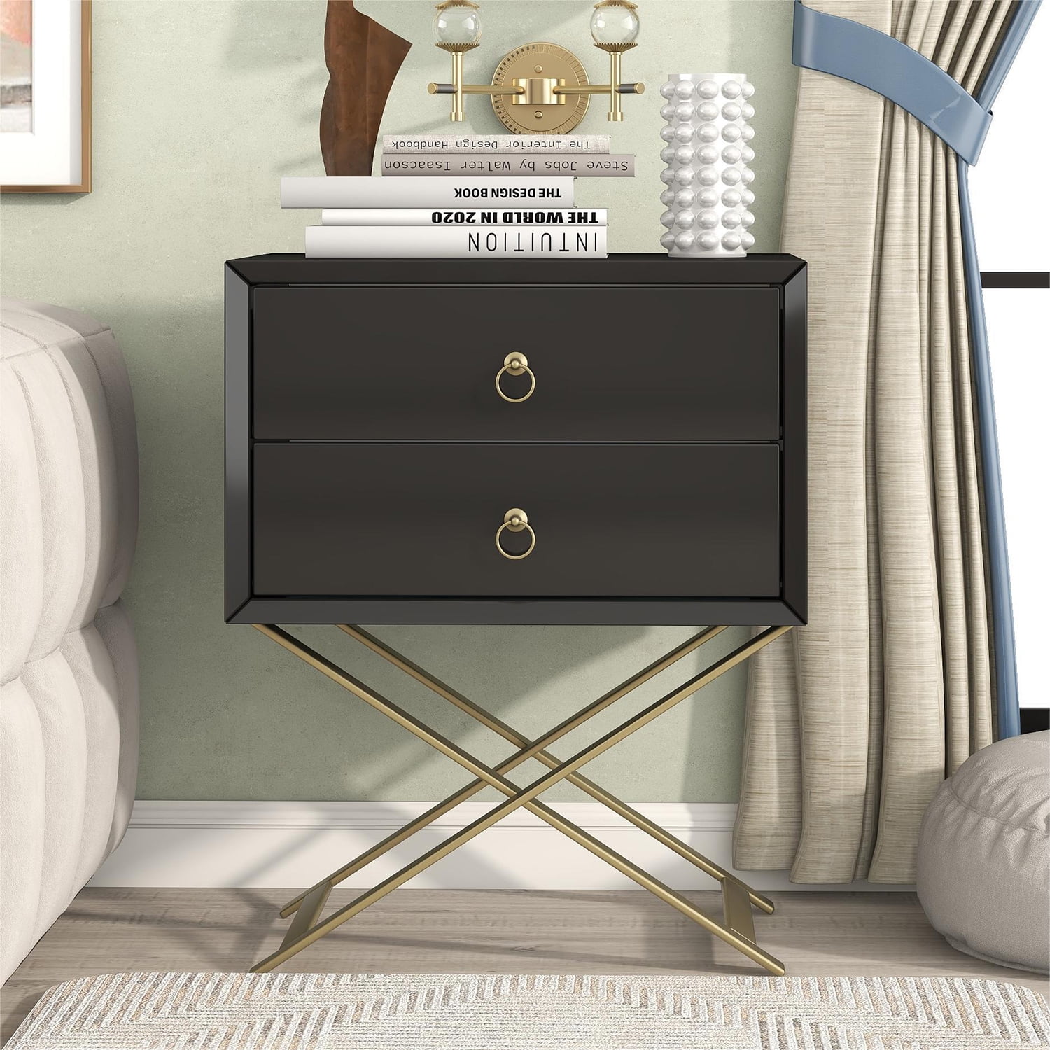 Kepooman Nightstand with 2 Drawers & Golden Handle, Storage Bedside Table, Black Kepooman Nightstand with 2 Drawers & Golden Handle, Storage Bedside Table, Black