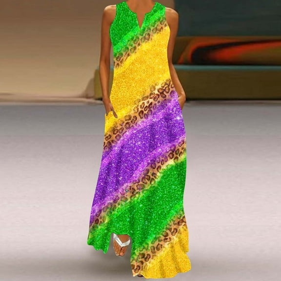 Wycnly Summer Dresses for Women Dresses for Women Party Prom Loose Long Tank Dresses with Pocket Womens Elegant Leopard Print V-Neck Sleeveless Maxi Sun Dress