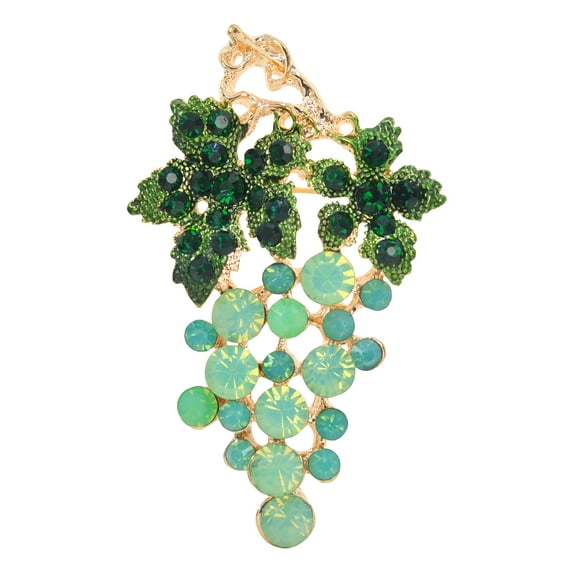 Gold Tone Green Rhinestone Enamel Leaf Crystal Grapes Bunch Brooch Pin (Green)