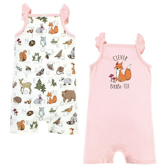 Touched by Nature Infant Girl Organic Cotton Rompers, Woodland Alphabet, 0-3 Months