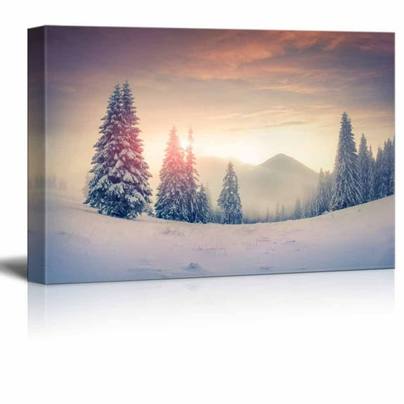 Canvas Prints Wall Art - Foggy Winter Sunrise in the Mountains Vintage/Retro Style Nature Beauty - 16" x 24"