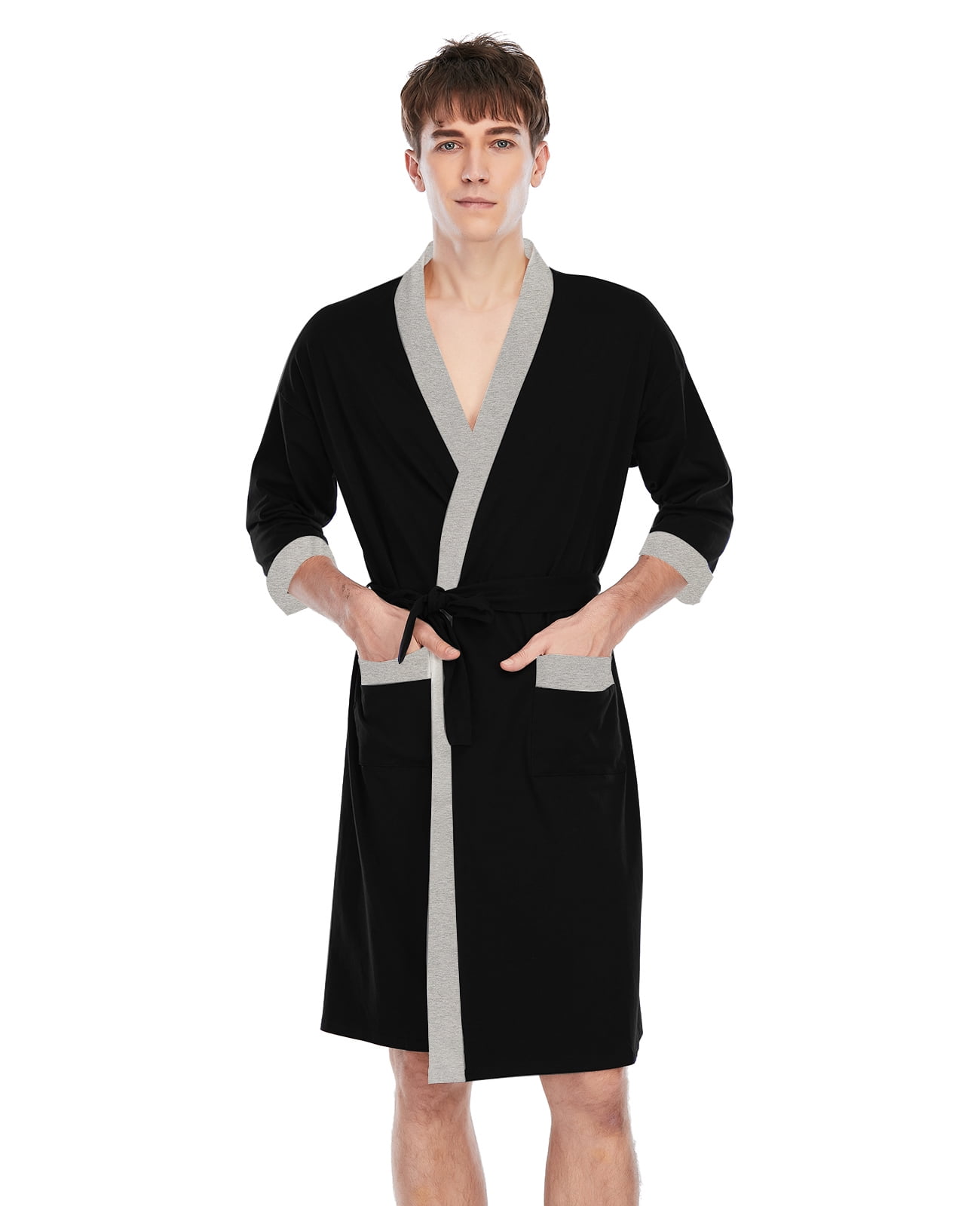 MintLimit Men's Robe Lightweight Robe 3/4 Sleeves and 2 Pockets Knee Length Bathrobe Soft