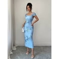thumbnail image 5 of Blue Womens Elegant Floral Embroidered Mesh Midi Dress With Square Neck And Short Puff Sleeves, 5 of 8