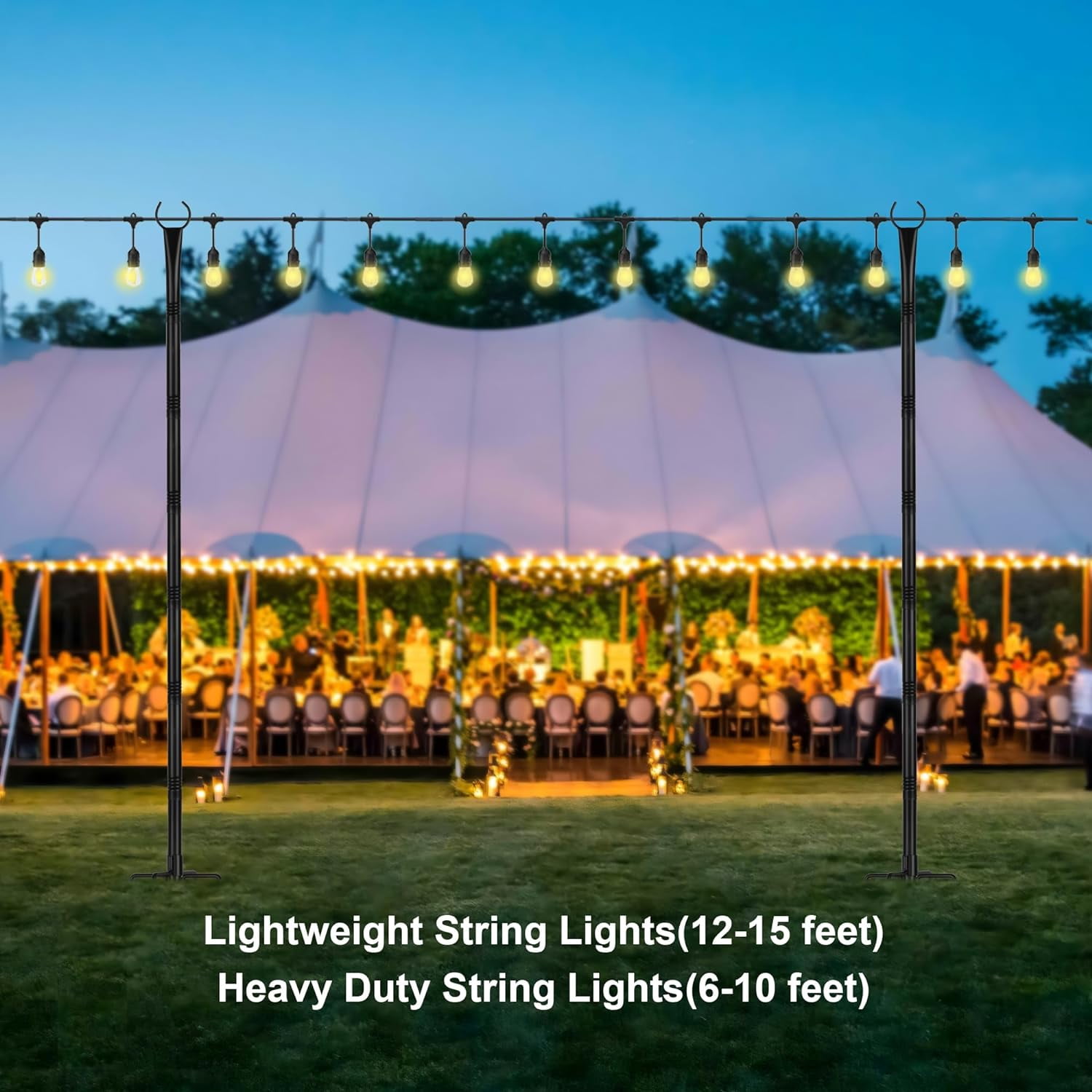 Suchtale String Light Poles with Hooks, 4 Pack 8.5FT Metal Light Pole for Outdoor String Lights with 5-Prong Fork for Garden, Patio, Wedding Party, Outdoor Light Stand Holder for Christmas Deck Black