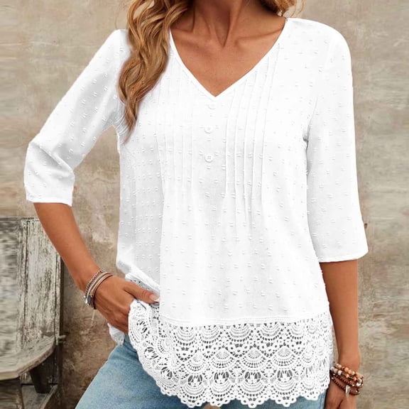 ClodeEU Women's French Bohemian Lace Trim Blouse ,Casual Short Sleeve Top with Cutout Embroidery White,Womens Plus L