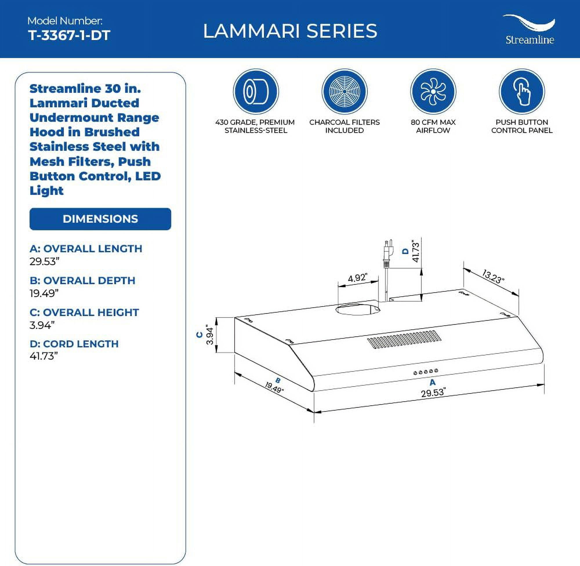 Streamline 30 in. Lammari Ducted Undermount Range Hood in Brushed Stainless Steel with Mesh Filters, Push Button Control, LED Light