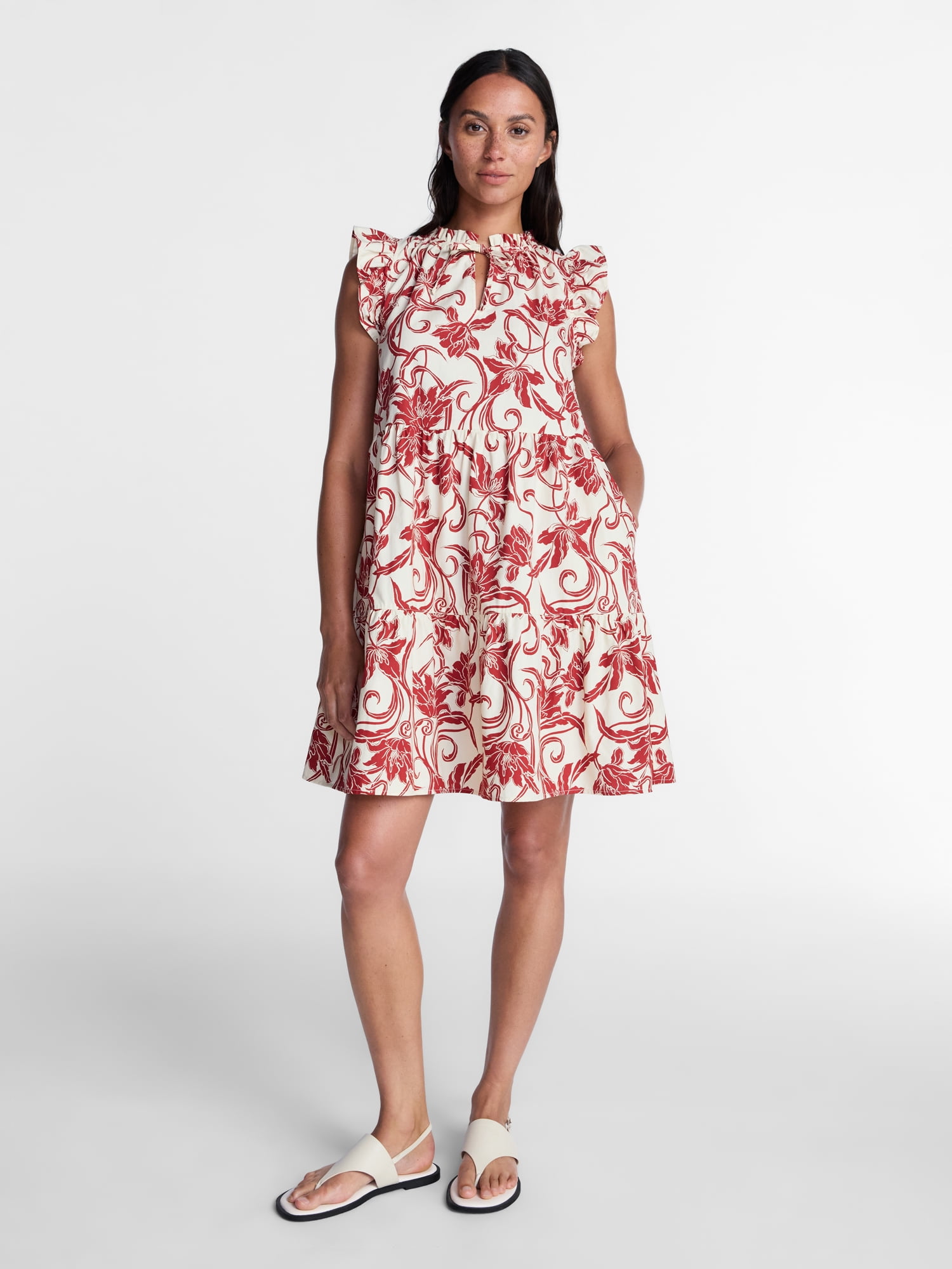 Time and Tru Women's and Women's Plus Tiered Cotton Mini Dress with Flutter Sleeves, Sizes XS-4X