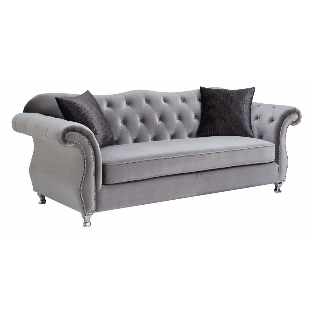 Glamorous Sofa With Crystal Button Tufting, Silver