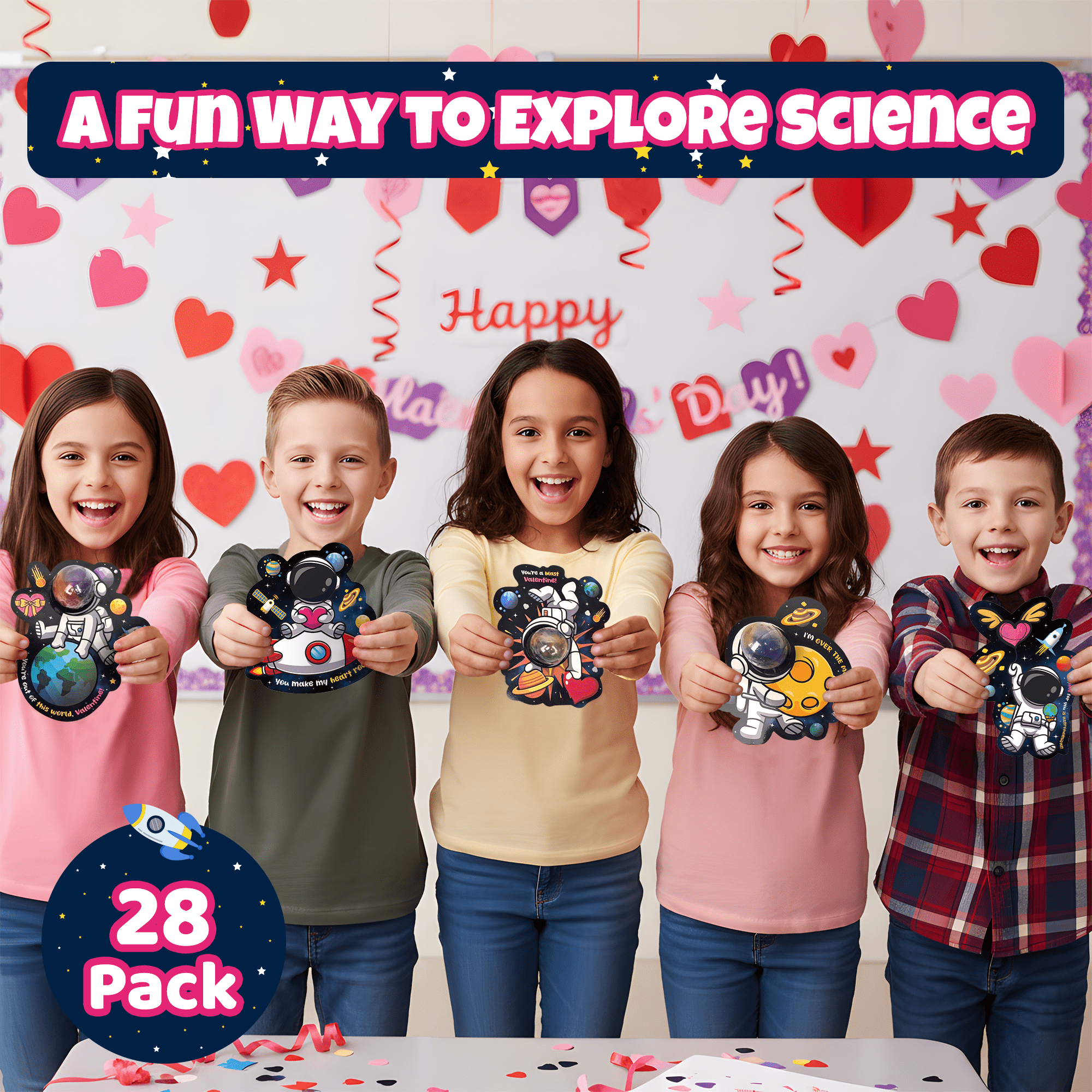 4E's Novelty Valentines Cards with Slimes for Kids (28 Pack) - Galaxy Slime Valentine, Astronaut Cards