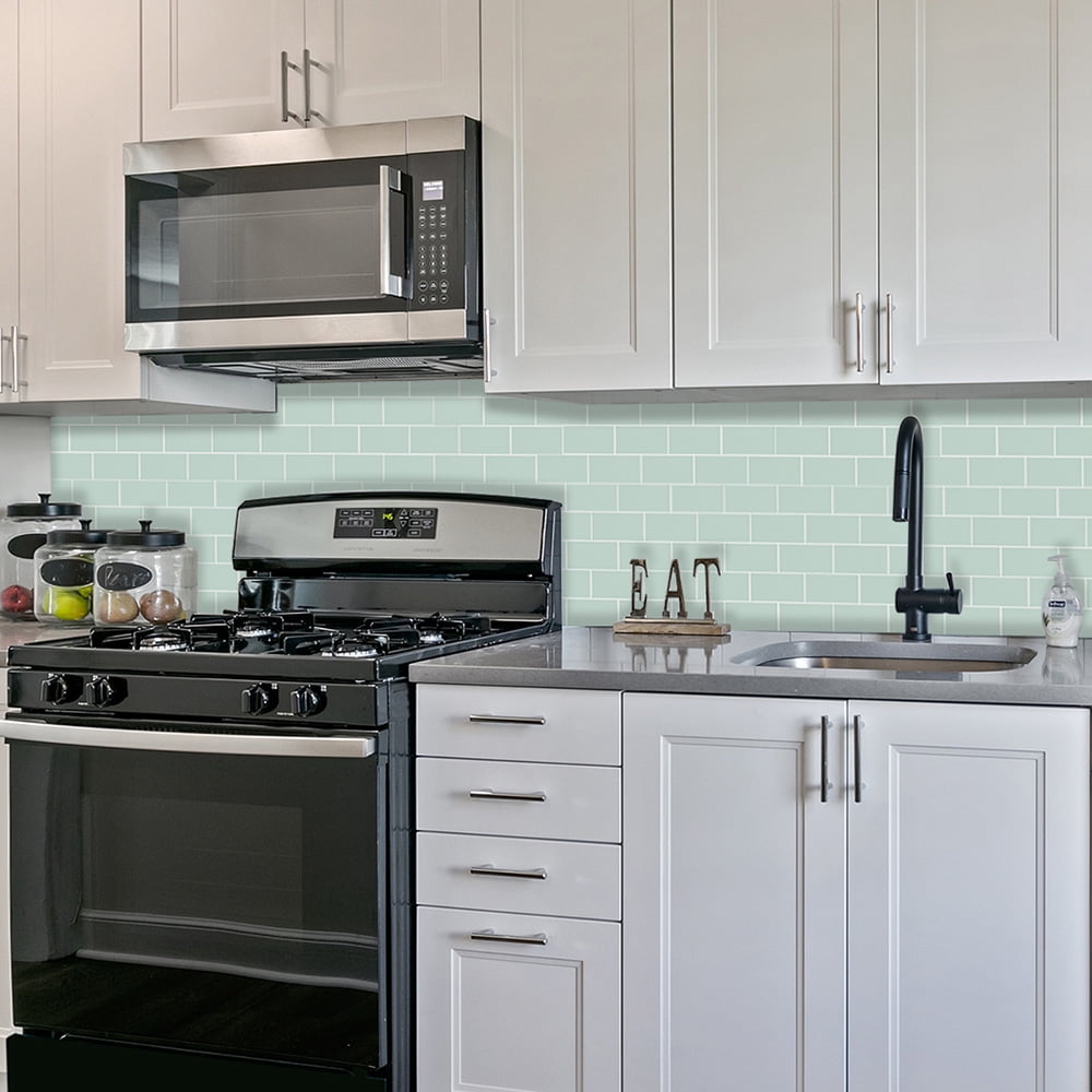 clevermosaics Green Subway Vinyl Wall Tiles Peel and Stick Backsplash, Removable and Heat Resistant, Pack of 10
