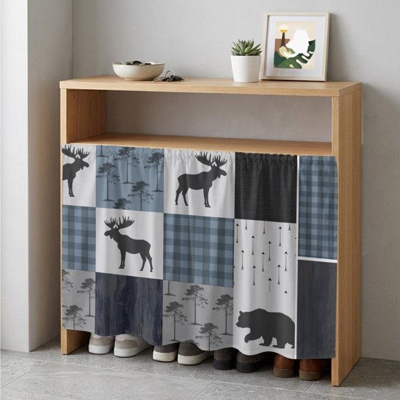 Vintage Plaid Cabinet Curtain 35"Wx35"L,Dustproof Under Sink Skirt with Self Adhesive Tape,Farmhouse Bear Deer Trees Forest Checked Cabinet Curtain Cover for Kitchen Sink,Bathroom Vanity,Laundry Room