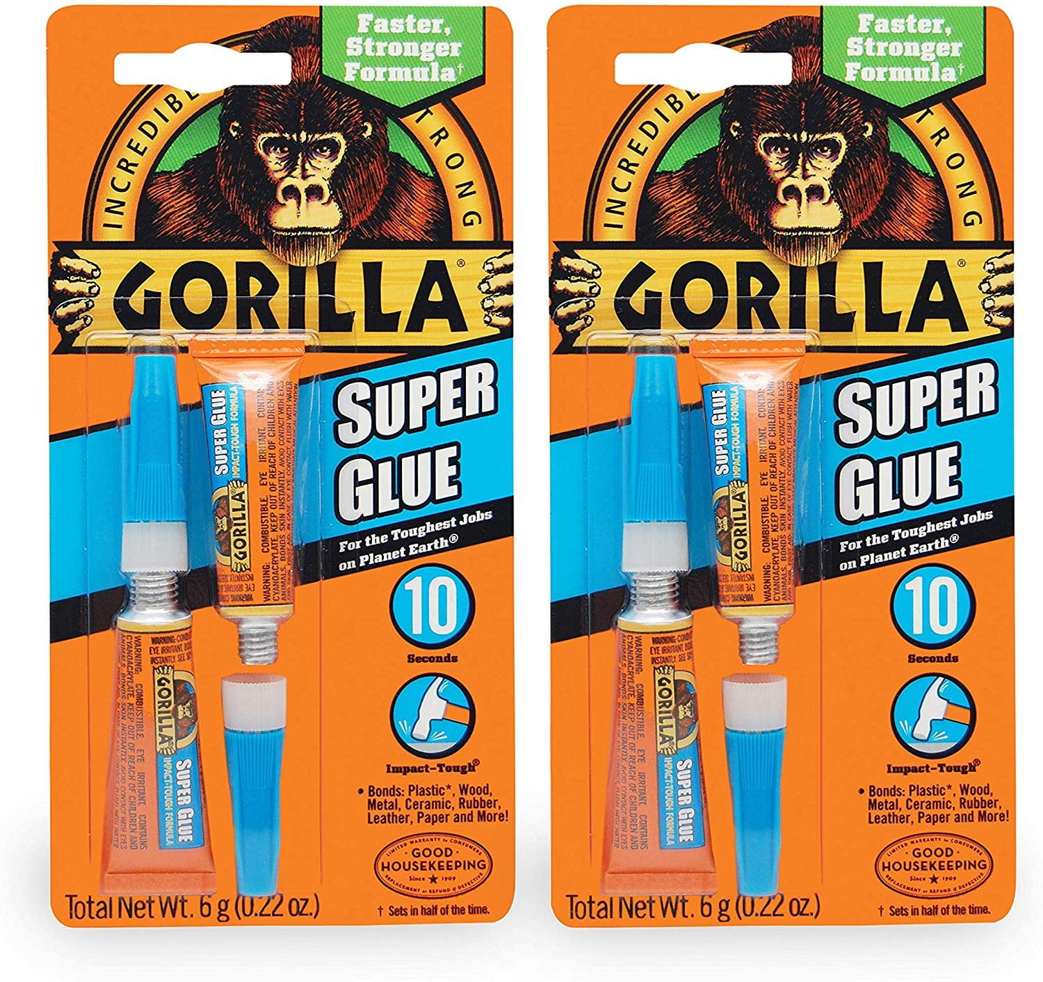 Gorilla Super Glue, Two 3 Gram Tubes, Clear, 2 Pack
