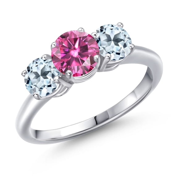 Gem Stone King 925 Sterling Silver Pink Moissanite and Sky Blue Topaz Engagement Ring for Women | 2.20 Cttw | Round 6MM | Gemstone Birthstone | Size 5