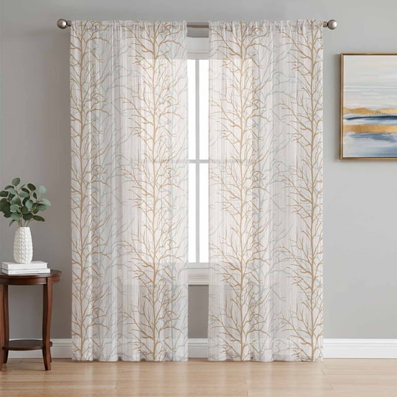 Brown Botanical Sheer Curtains 96 Inch Length 2 Panels Set, Farmhouse Spring Summer Branch Voile Window Treatment Semi Sheer Long Curtains Drapes for Bedroom/Living Room/Kitchen 52"x96"x2