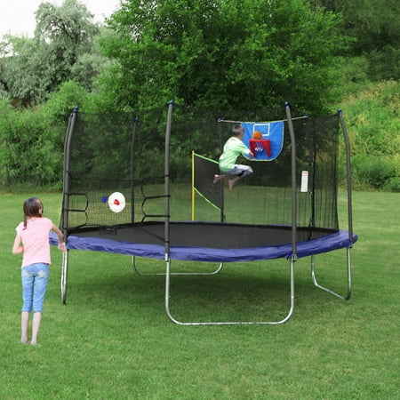 Skywalker 15&apos; Square Sports Arena Trampoline and Safety Enclosure with Spring Pad - Blue