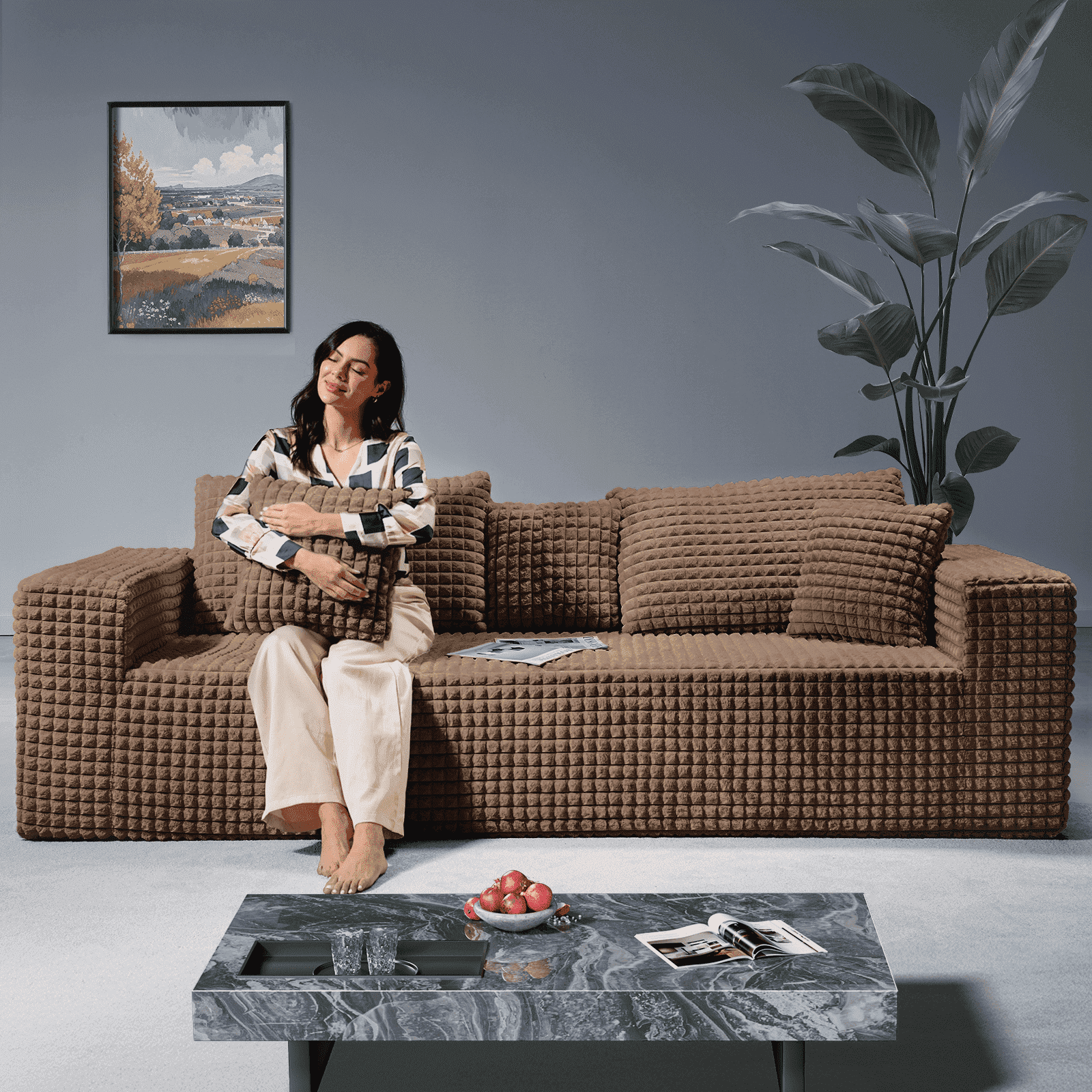 Patbrela 101" Couch for Living Room Furniture Diamond Boneless Sofa with 31-inch Extra Deep Seat, No Assembly, Brown