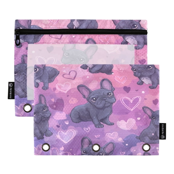 2 Pack 3 Ring Binder Pouch with Clear PVC Window Water Resistant Zipper Pencil Pouch Sweet Frenchie Pink Hearts Binder Pocket for Classroom Office Home Stationery Organization