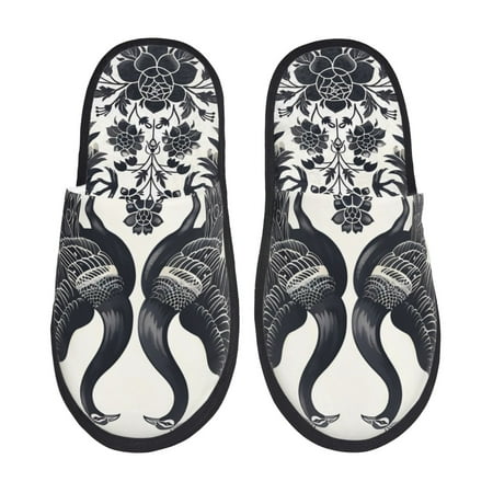 

Noikeo Artistic Black White Peacocks Pattern Cozy Slippers Indoor for Women and Mens Fuzzy House Shoes Soft Plush Warm Slip-on Slippers-