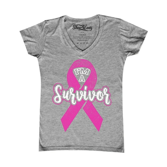 Shop4Ever Women's I'm A Survivor Breast Cancer Awareness Slim Fit V-Neck T-Shirt X-Small Sports Grey