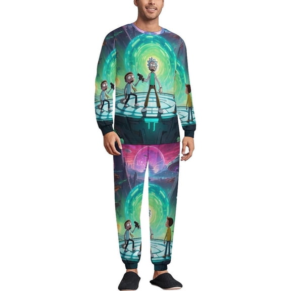 Rick And Morty Men's Lounge Pajamas Set 2-Piece Crew Neck Sleepwear Soft Long Sleeve Top & Pants for Sleep, Home & Vacation S