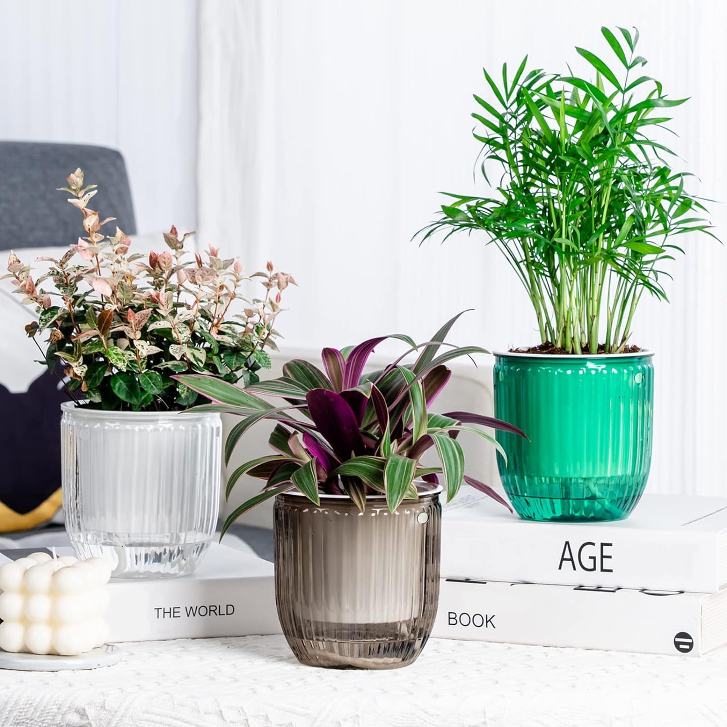 3 Pack Small Hanging Planters Garden Self-Watering Flower Plant Pot, Hanging Planters for Indoor Plants Container Succulent Planter Pots with Hook Chains Drainage Hole（Green,Clear,Gray)