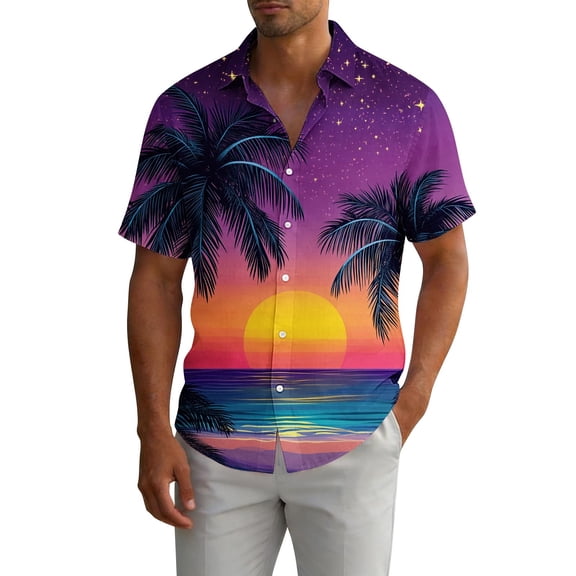 Gamivast Summer Shirts Palm Leaf Pattern Print Casual Shirts Button Down Lapel Collar Beach Shirts Lightweight Breathable Vacation Tropical