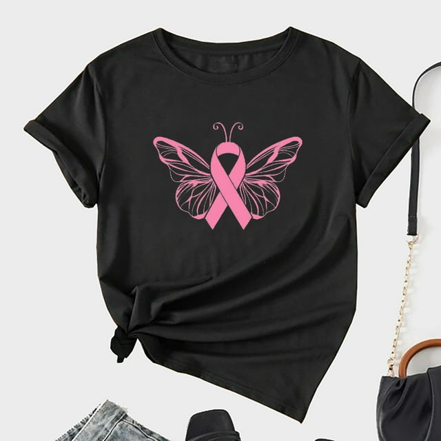 TIMIFIS T-Shirt Ruban Rose de Sensibilisation au Cancer du Sein pour Femmes T-Shirts Cancer du Sein Été Ample Imprimé Col Rond T-Shirt Manches Courtes Blouse Décontractée Automne/hiver