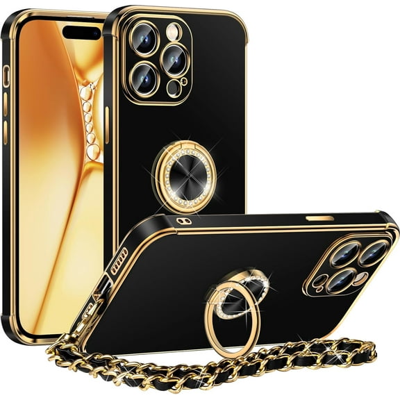 ZUKKASHAN for iPhone 15 Pro Max Case, Ring Holder Stand Luxury Bling Electroplated Phone Case with Strap, Cute Soft TPU for iPhone 15 Pro Max Cover for Women Girls