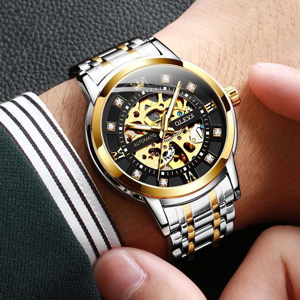 OLEVS Skeleton Watches for Mens Automatic Mechanical self Winding Diamond Luxury Business Dress Stainless Steel Waterproof Luminous Mens Wrist Watches Reloj Para Hombre Blue/White/Black/Gold Dial
