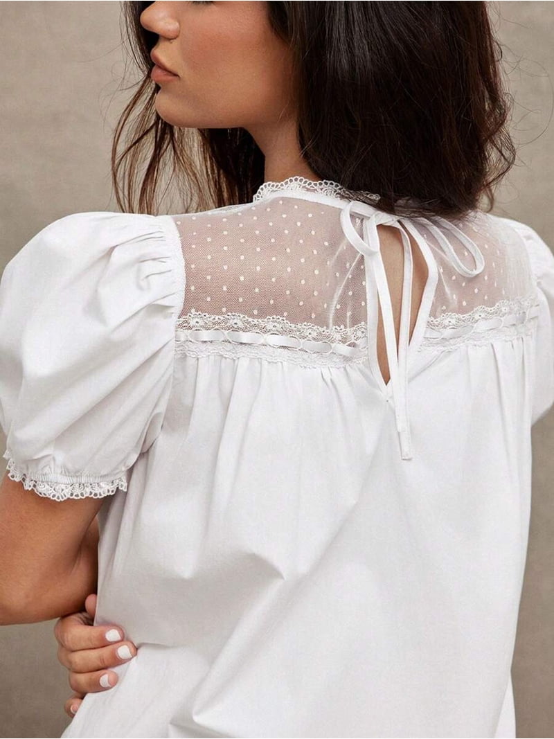white dress with mesh puff sleeves Ashley Round Neck Mesh Embroidered Puff Sleeve Dress- White Size Medium