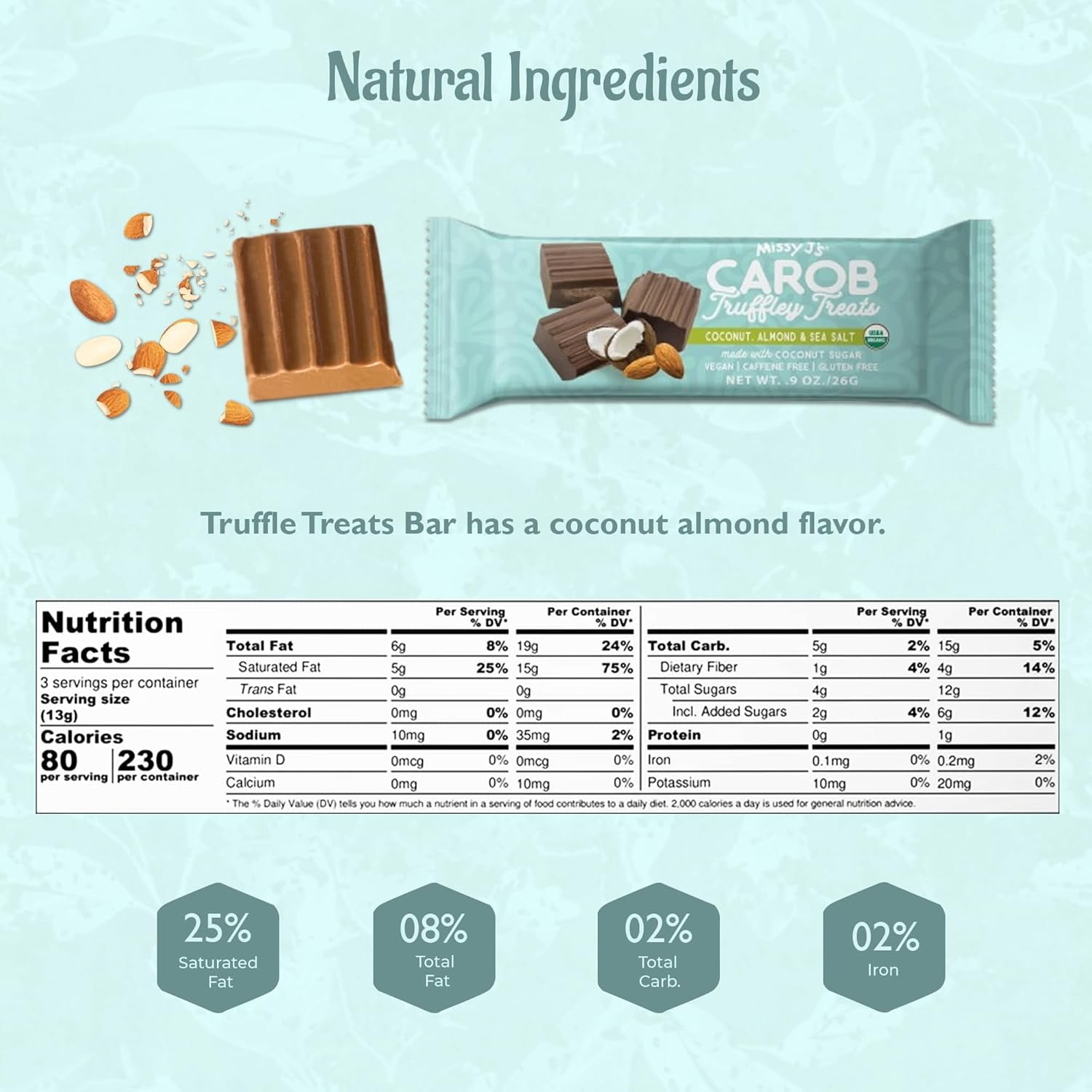 Missy J’s Organic Carob Coconut Almond and Sea Salt Truffley Treat Healthy Low Calorie Snack 12 Pack