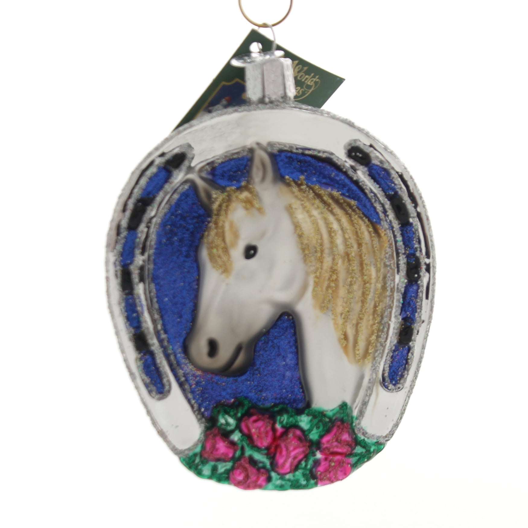 Old World Christmas WINNER Glass Ornament Horse Shoe Roses Lucky 12432