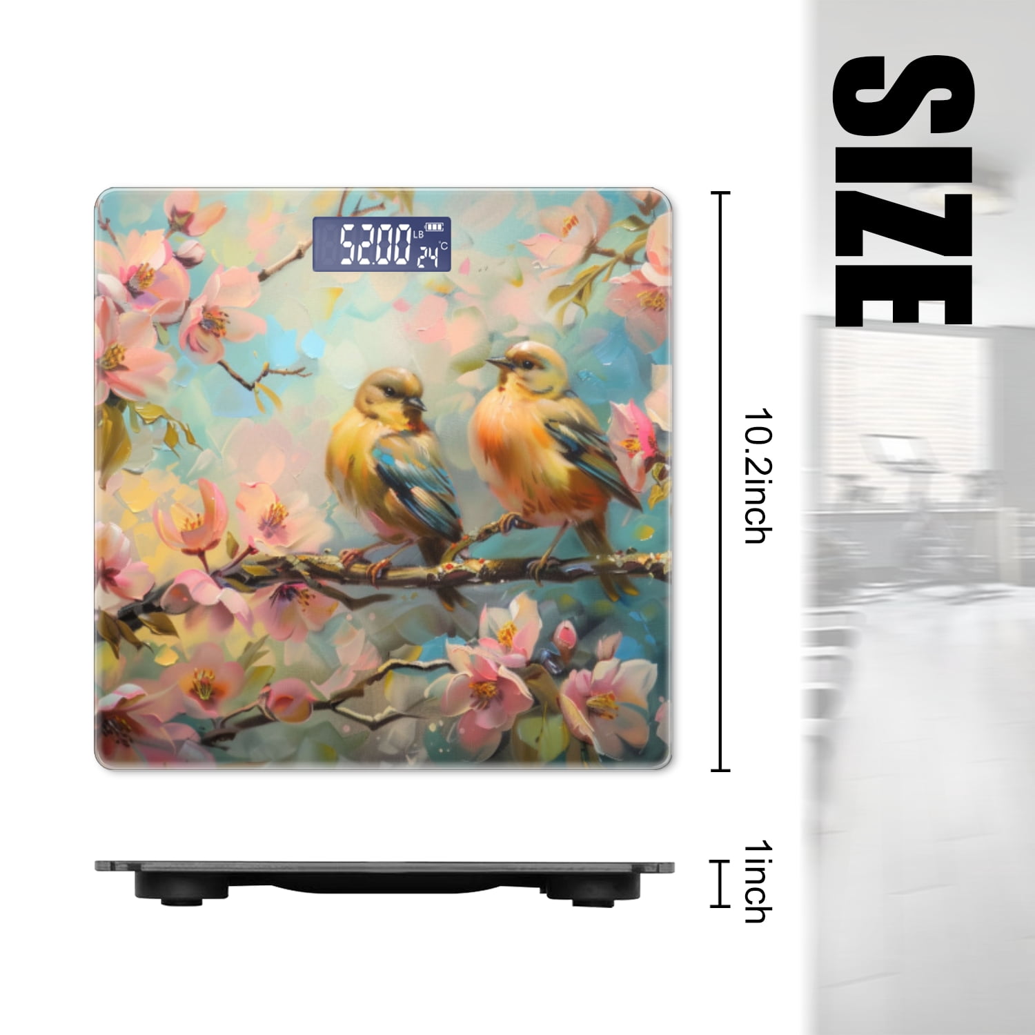 Bathroom Scale, Highly Accurate Digital Body Scale,Precisely Measures Weight up to 400 lbs-Two Birds Perched On Branch And Surrounded By Pink Flowers