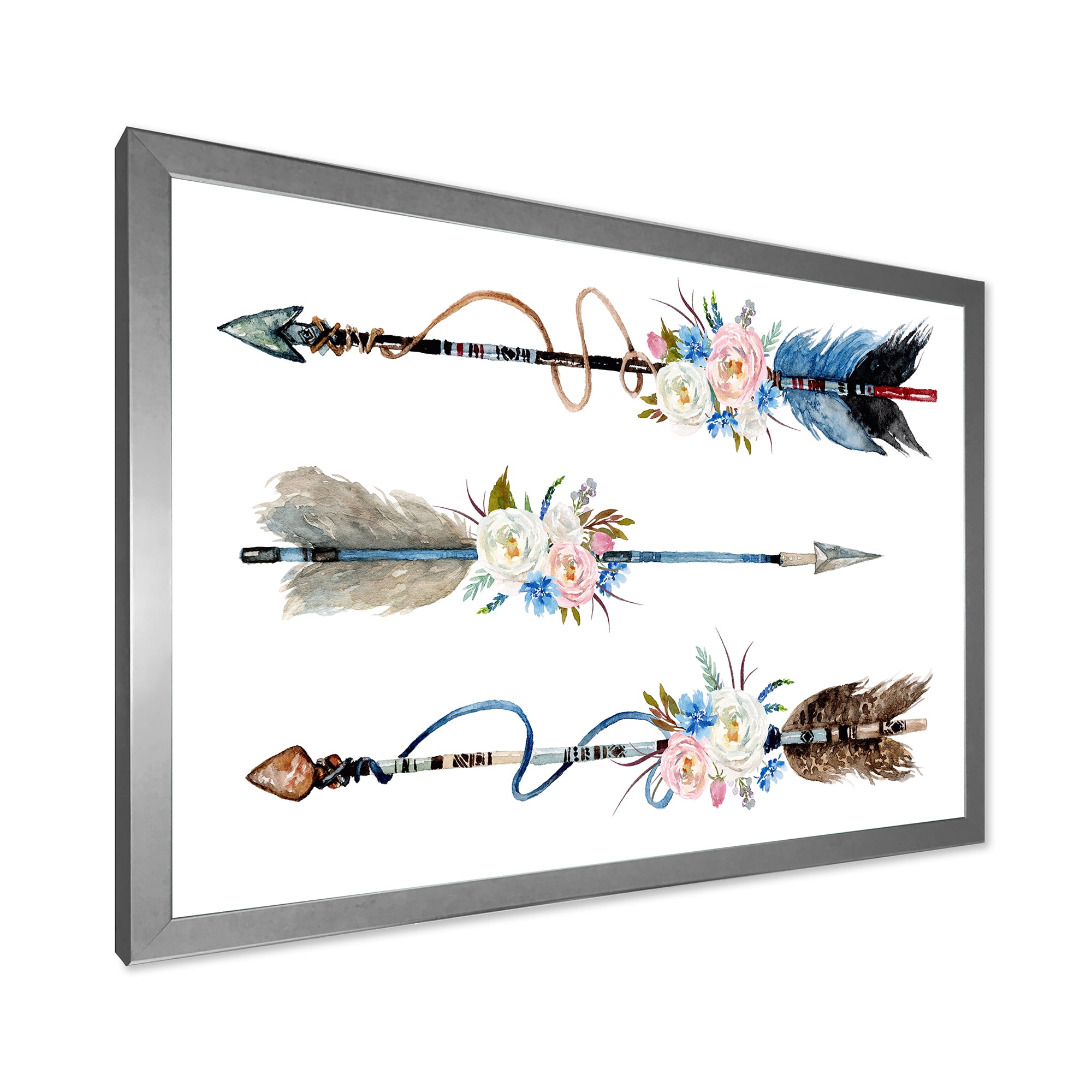 Designart 'Flowers and Ethnic Feathers On Native Arrows I' Bohemian & Eclectic Framed Art Print