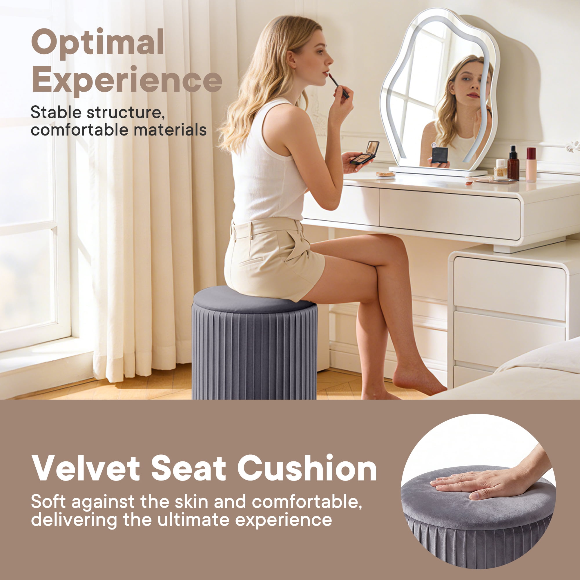 CONCETTA Set of 2 Round Storage Ottomans, Vanity Stools with Hidden Storage for Bedroom, Living Room or Coffee Table Use, Gray