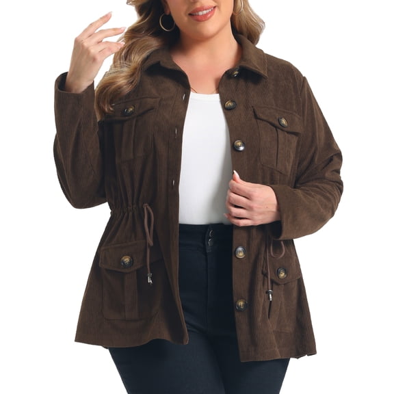 GRACE & GRANDEUR Women's Plus Size Halloween Outfits Casual Jacket Corduroy Drawstring Waist Collar Shacket Long Sleeve Loose Pocket Fall Winter Button Down Fashion Jackets 1X Brown