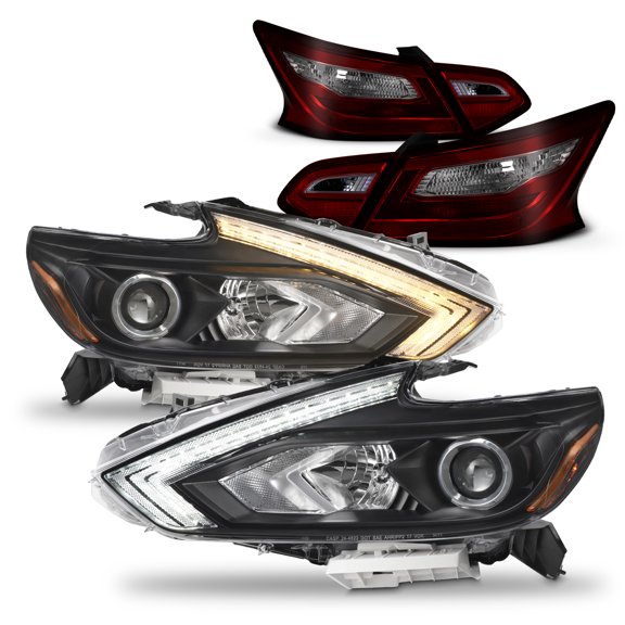 AKKON - Fit 2016-2018 Altima 4-Door OE [Halogen Type] LED/DRL Switchback Black Projector Headlight   Red Smoked Lamp Tail Light
