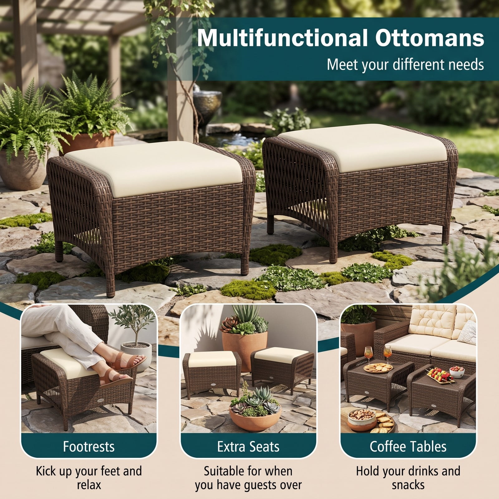 Furnibear Set of 2 Outdoor PE Wicker Patio Ottomans with Removable Cushions for Foot Rest, Extra Seating and Side Table Use, Beige