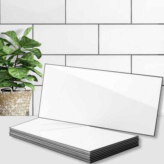 6" x 12" Polished White Thick PVC Peel and Stick Backsplash, Waterproof Subway Tile Peel and Stick Wall Tiles (Pack of 20)