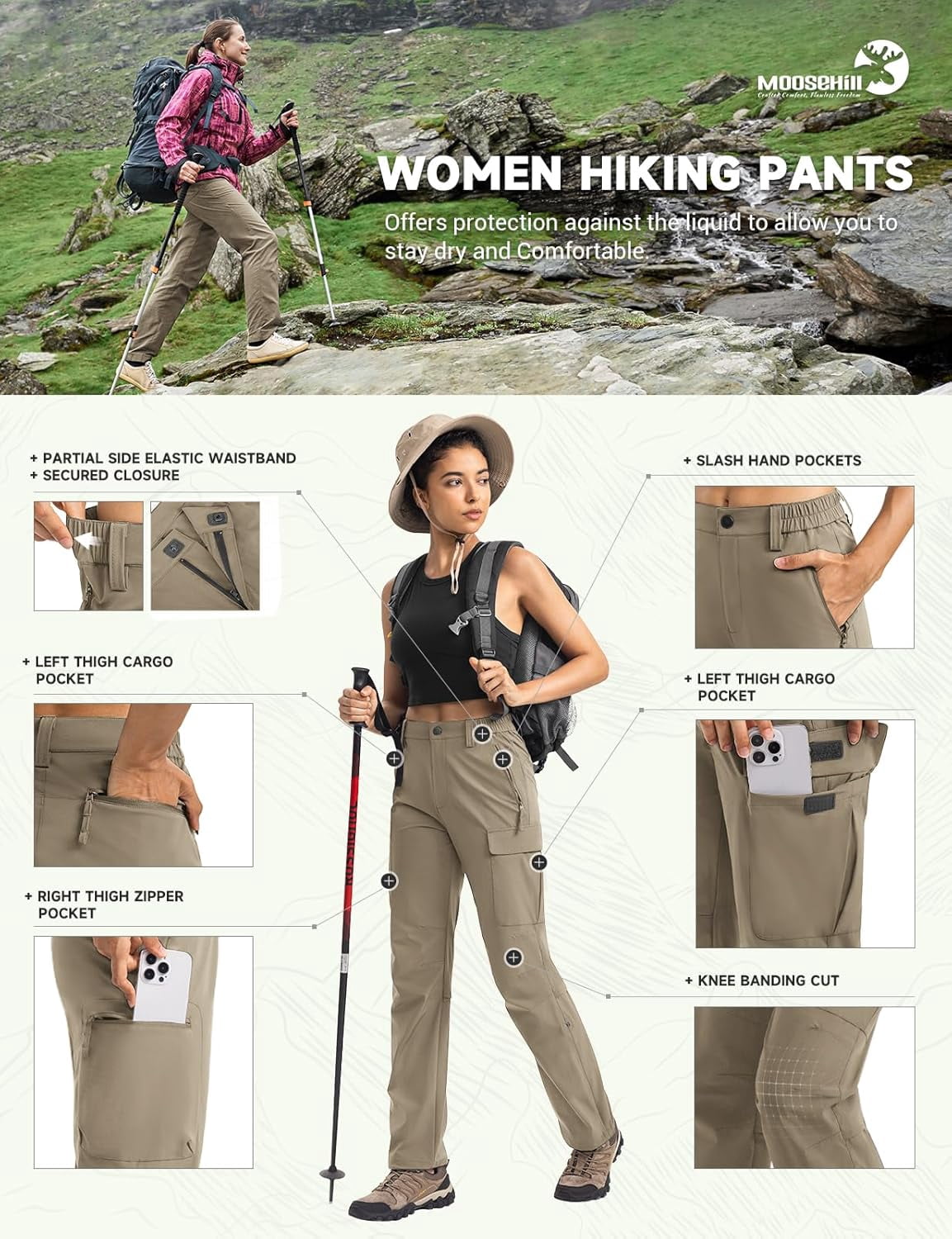 Oalka Women's Hiking Pants Water Resistant Quick Dry Knit Waist Cargo Pockets Pants Black 3XL - View #5